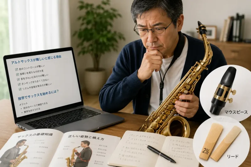 アルトサックス初心者が独学について調べるイメージ